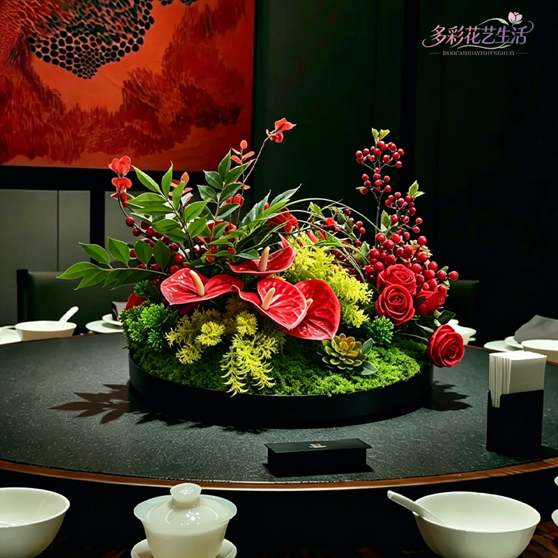 新中式餐桌仿真花微景观摆件