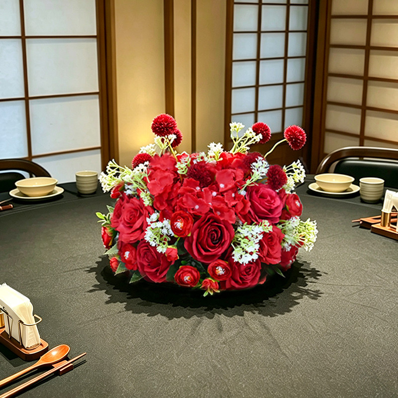 高档酒店包厢圆桌仿真花会议桌花手工绢布婚庆婚礼宴会装饰摆件
