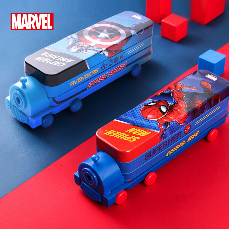 联众迪士尼蜘蛛侠火车造型文具盒男儿童卡通铅笔盒铁盒漫威男孩款便携抗压多功能铅笔收纳盒小学生创意铁笔盒