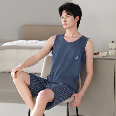 莫代尔男士睡衣夏季无袖背心可外穿宽松大码男款家居服青少年套装