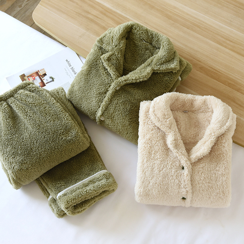 纯色居家情侣睡衣女珊瑚绒冬季可外穿加厚男法兰绒家居服套装秋冬