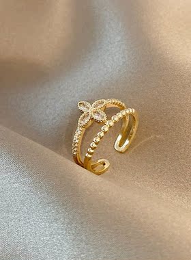 韩国ins潮双层叠戴花朵戒指女小