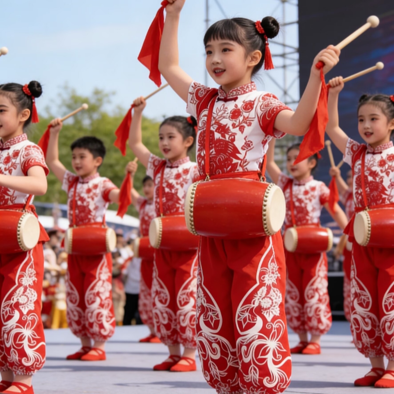 儿童安塞腰鼓服陕西北民歌风表演服中小学生运动会秧歌打鼓舞蹈服