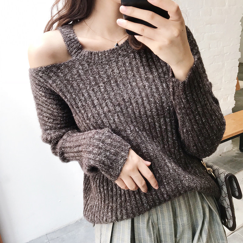 慵懒风一字肩露肩毛衣女秋冬不对称针织衫高级感上衣,女装/女士精品,毛衣,淘宝优惠券,粉丝福利购,淘宝优惠卷