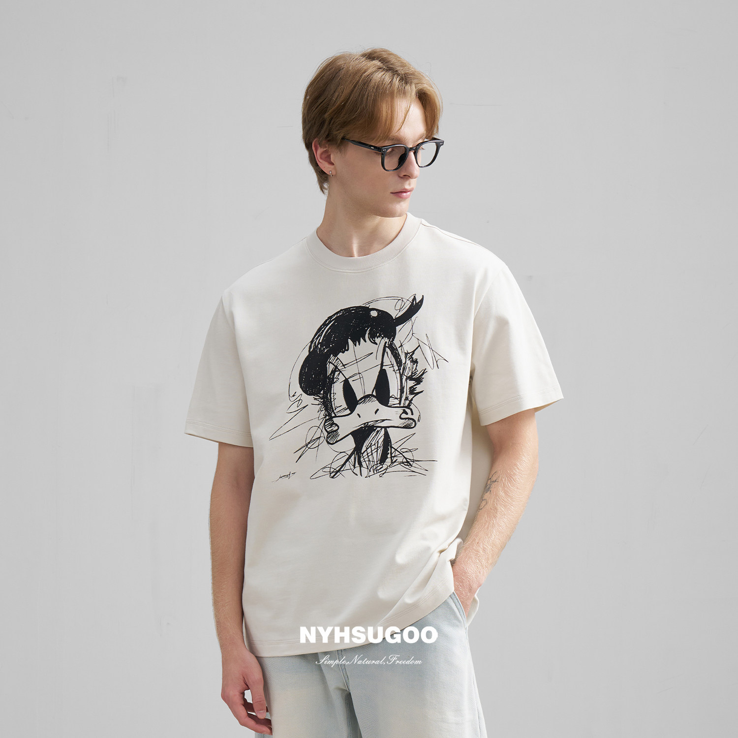 南乙NYHSUGOO 卡通涂鸦印花短袖T恤男夏季全棉休闲重磅体恤衫3659