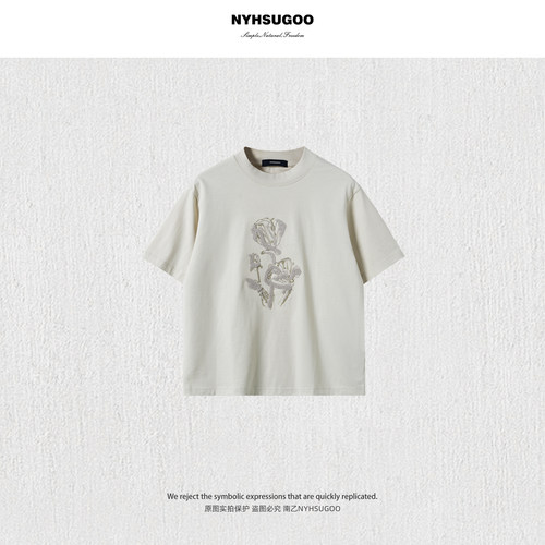 NYHSUGOO/南乙100%棉26S双纱310克凉感拔印毛巾绣男T恤短袖25301