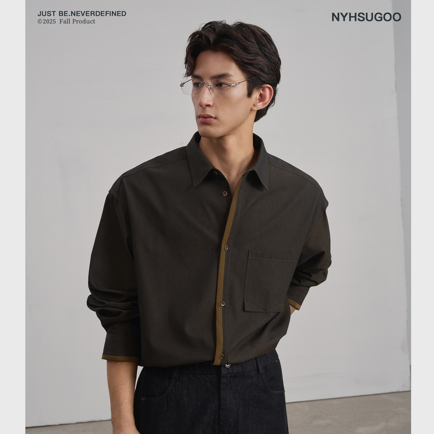NYHSUGOO/南乙秋季定制双色纱长袖衬衫男士棉感3822茶棕色外套
