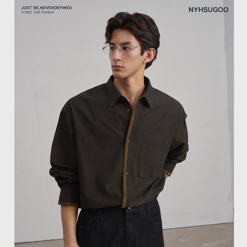 NYHSUGOO/南乙秋季定制双色纱长袖衬衫男士棉感3822茶棕色外套