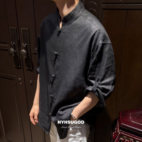 南乙NYHSUGOO新中式老钱风男士短袖衬衫夏季天然亚麻衬衣外套3817