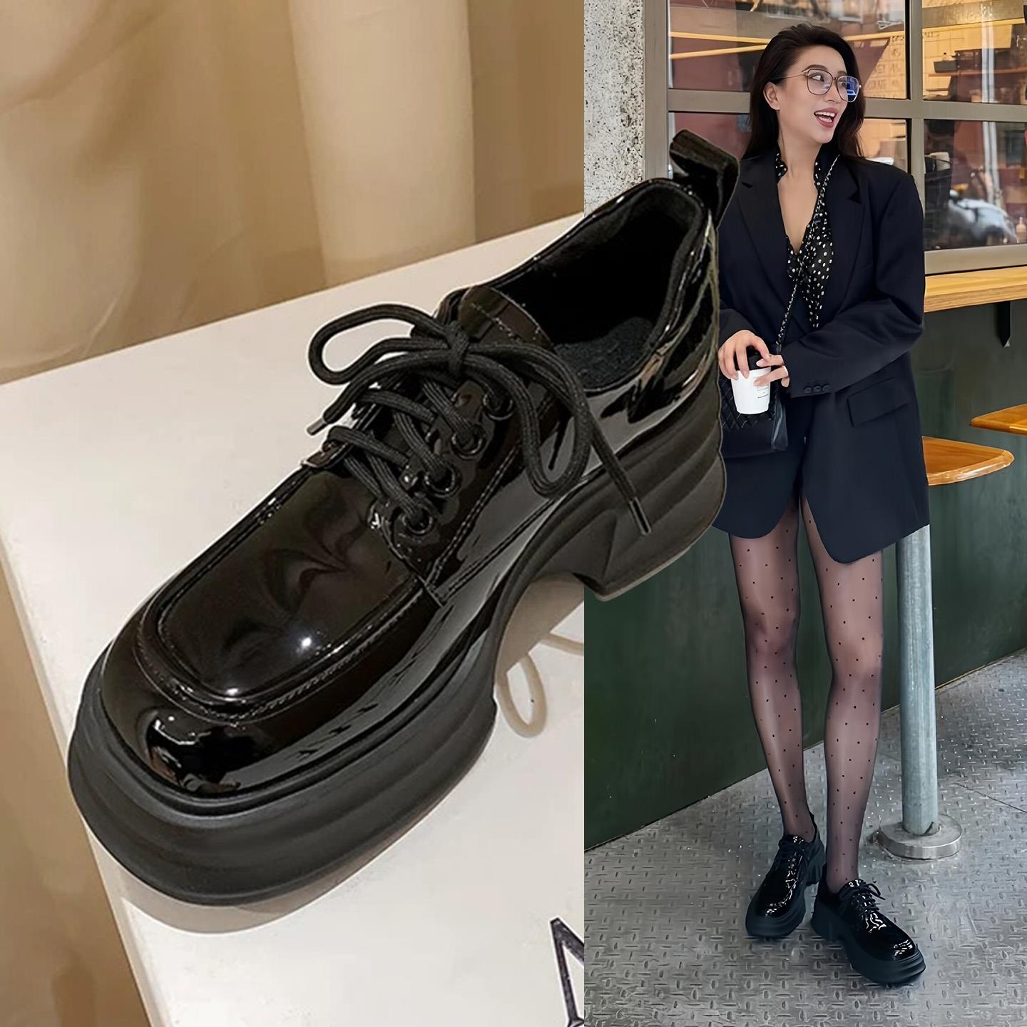 香港英伦风方头小皮鞋女2025春秋新款真皮厚底增高单鞋宋妍霏同款