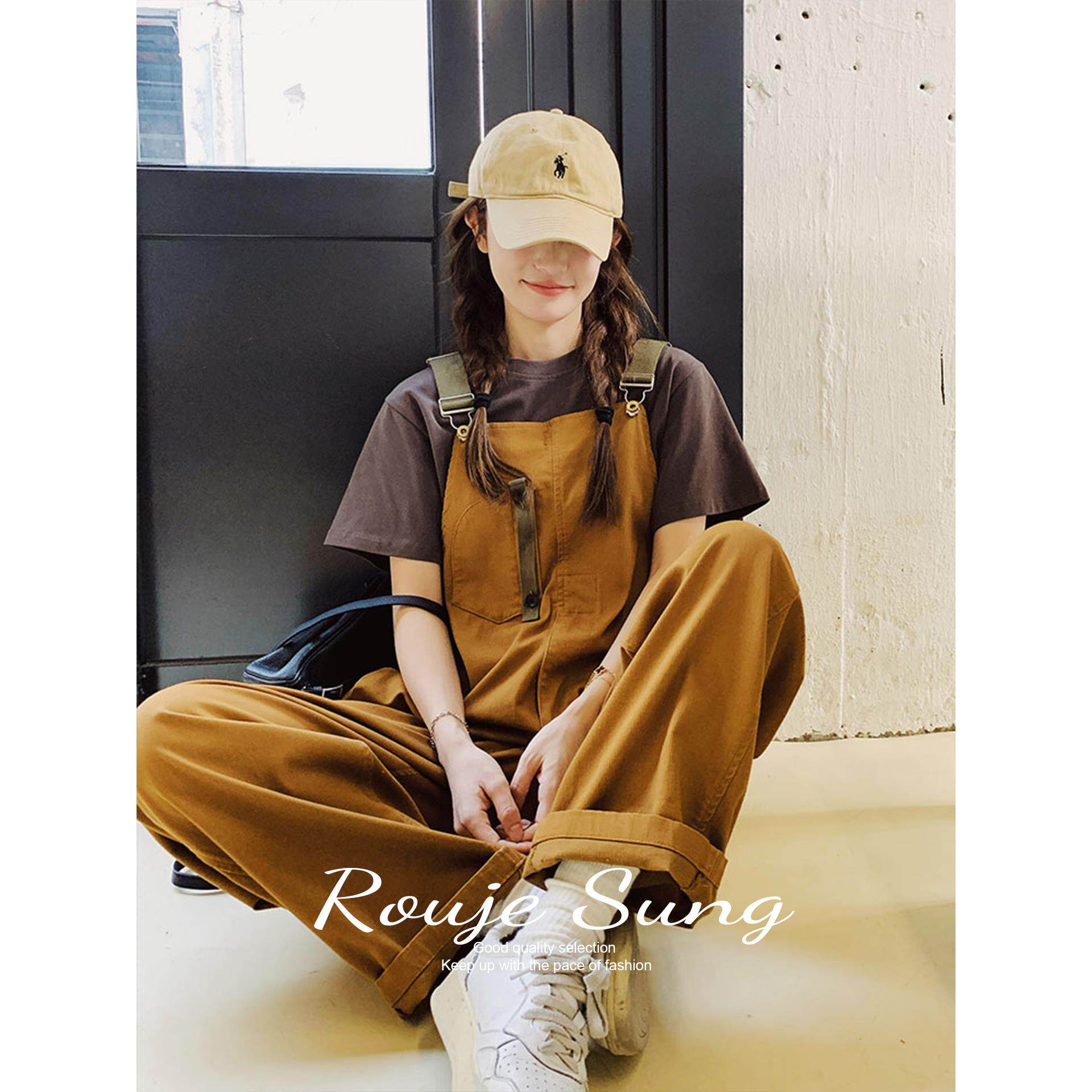 ROUJE SUNG卡其色背带裤女早秋覆古小个子工装裤宽松休闲连体裤子