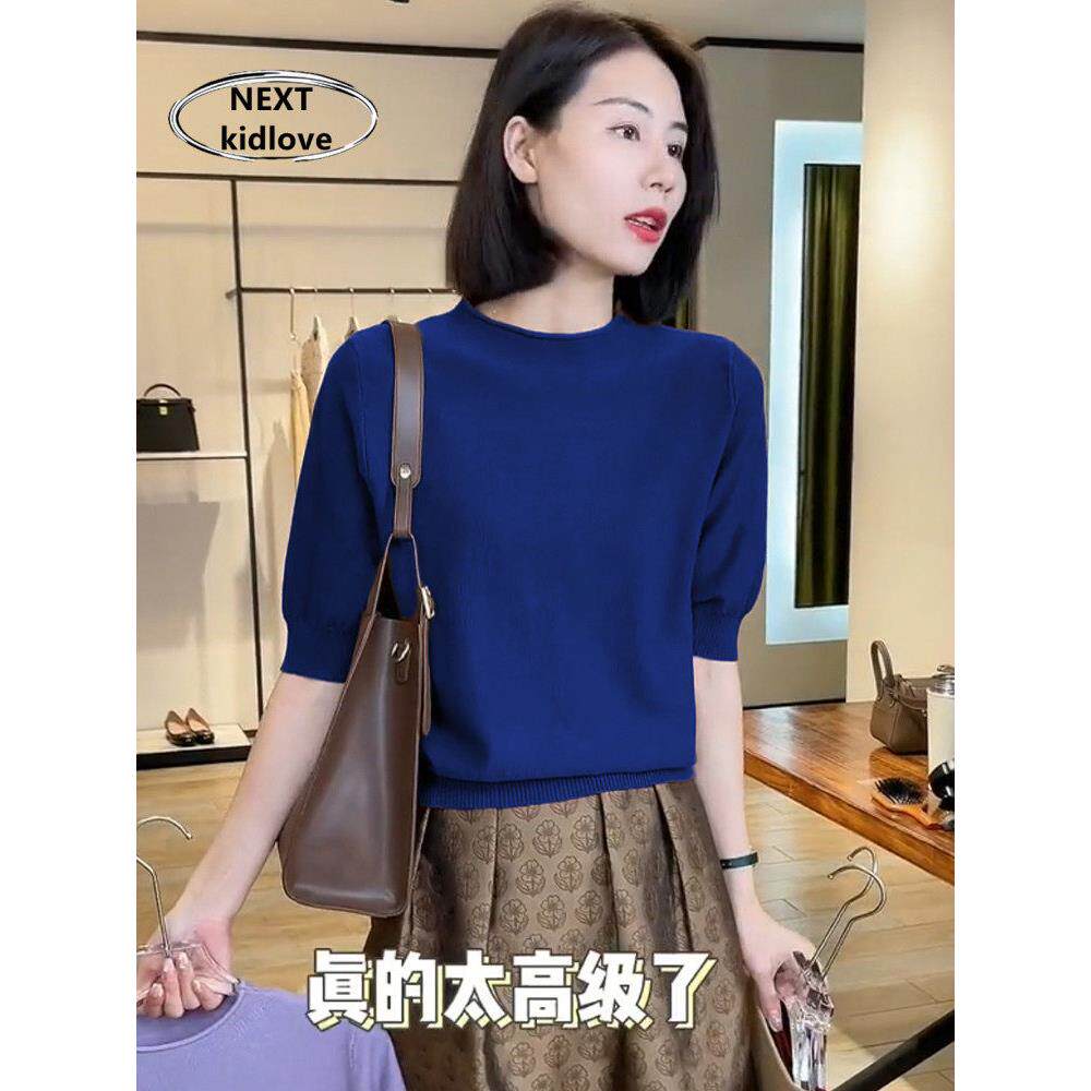 香港高级感早春半高领五分袖针织衫女修身显瘦百搭打底衫上衣内搭