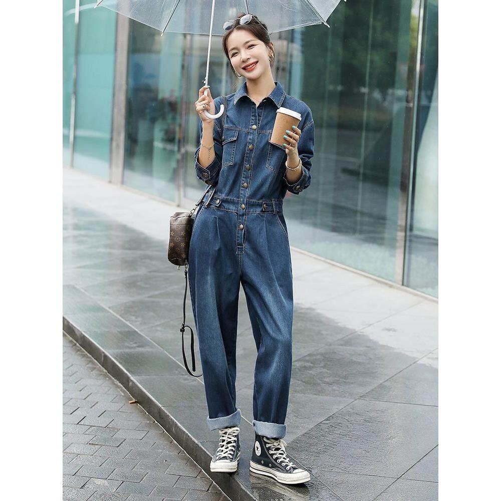 香港休闲时尚牛仔连体裤女2026春秋减龄显瘦修身小个子工装连衣裤