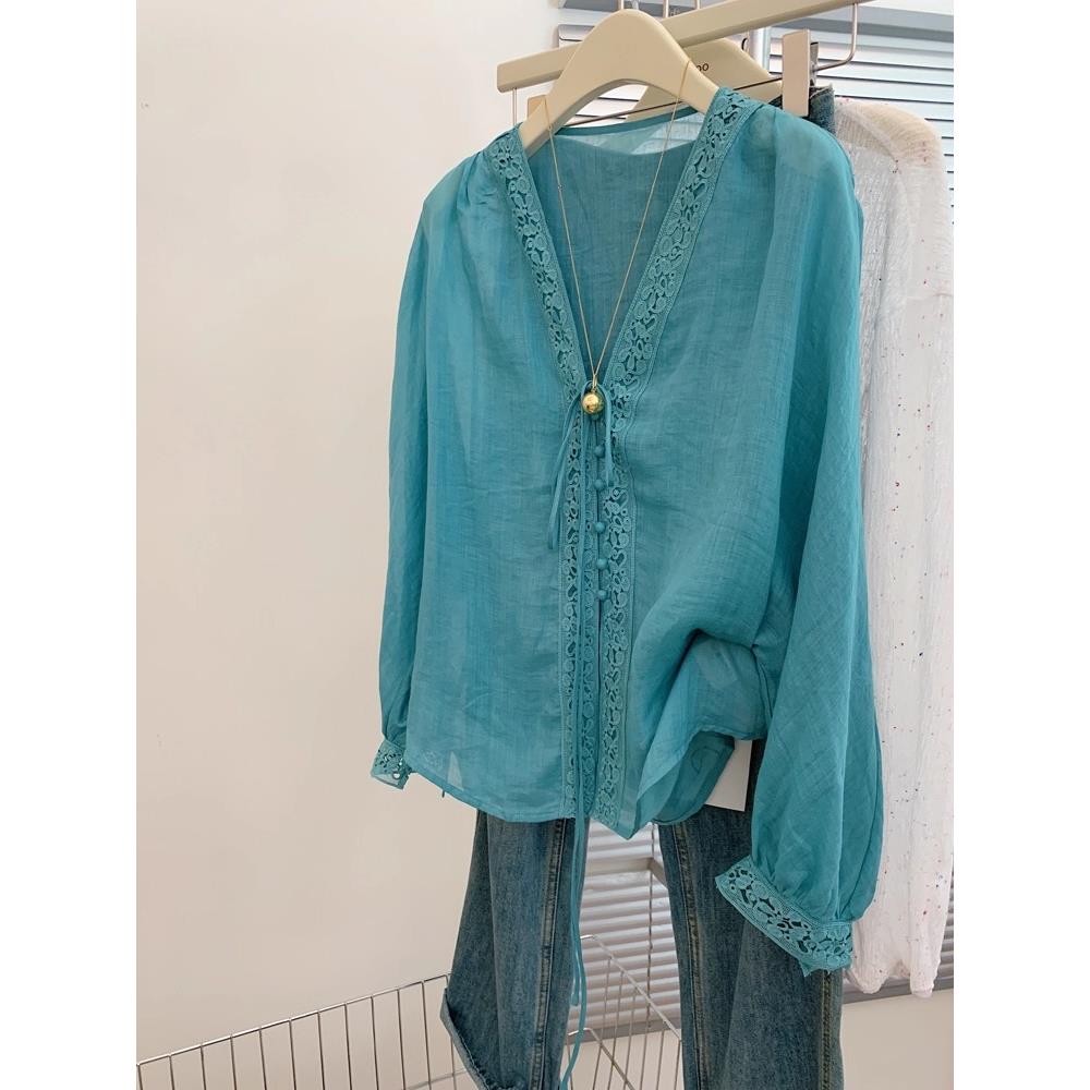 Rixo Kiss苎麻新中国风v领长袖防晒衬衫薄可及豪华高端女衬衫上衣