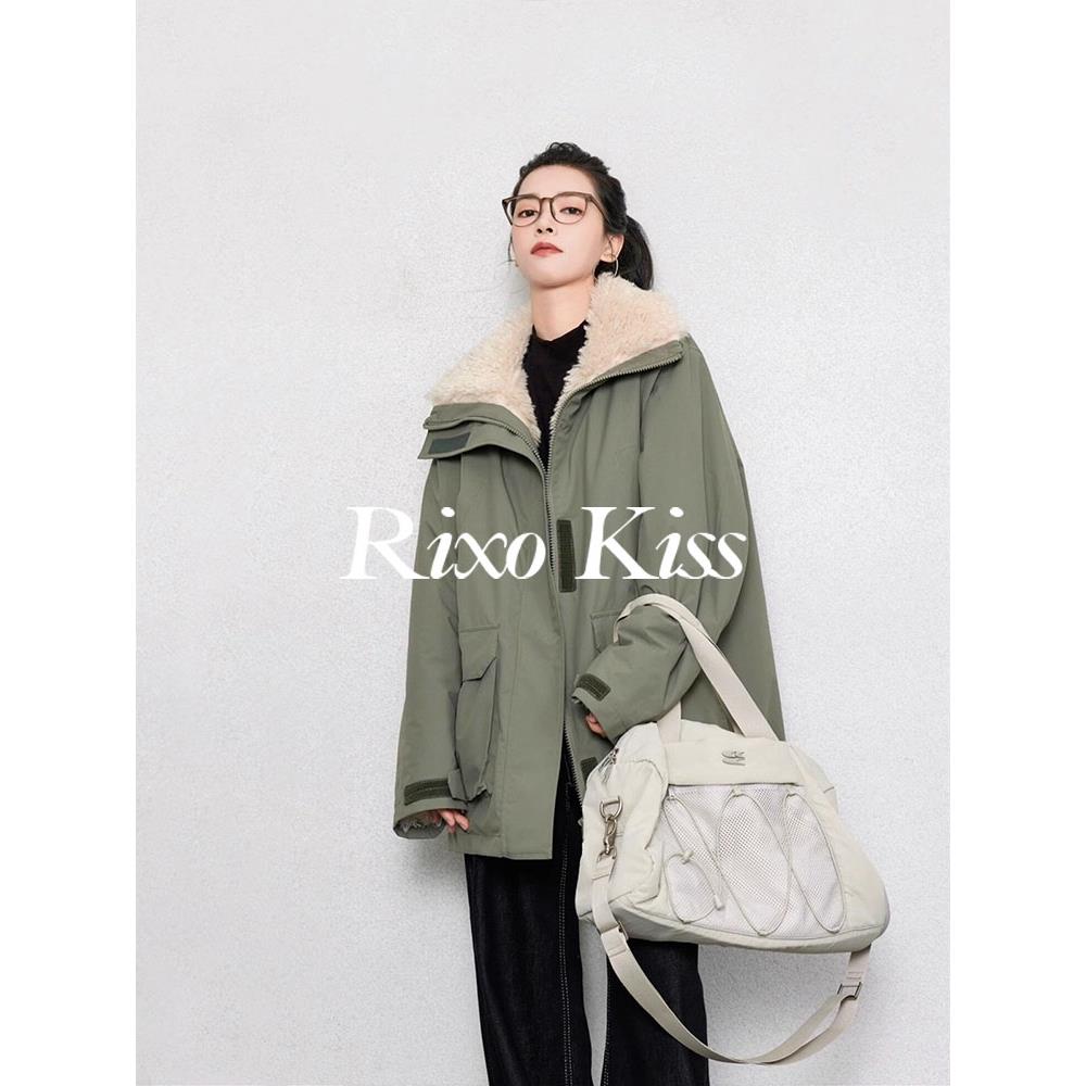 Rixo kiss赵露思同款羊羔绒外套 加厚小个子中长款灰草绿派克服女