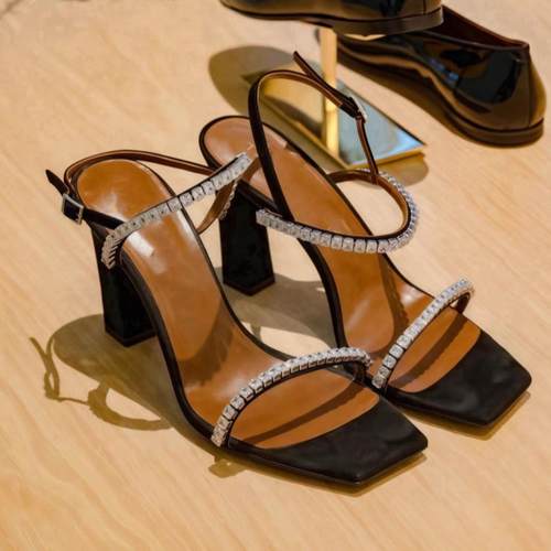 BV ANNCLTB凉鞋水钻炼条一字扣带露趾方头性感粗跟宴会高跟鞋女鞋