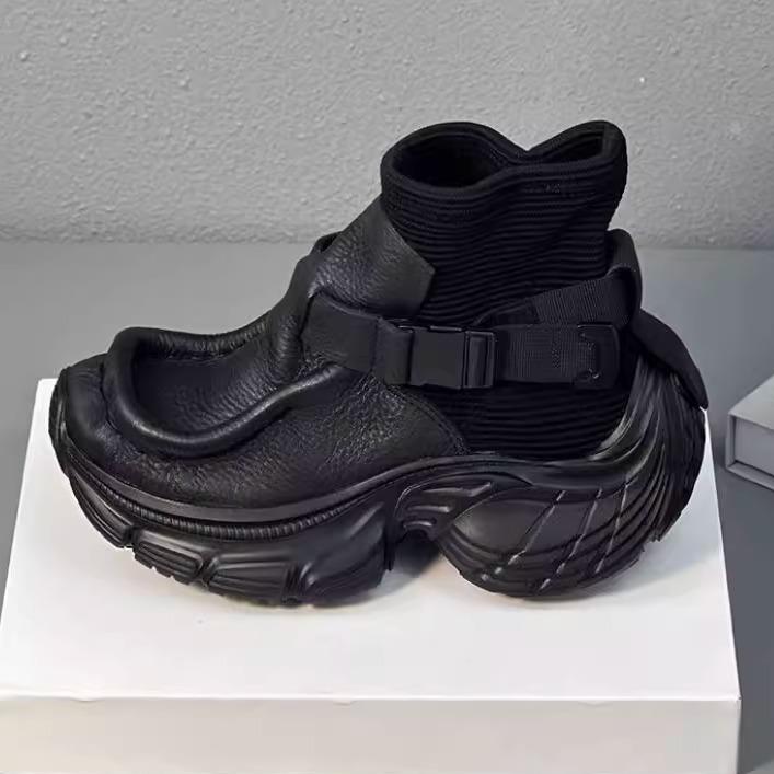 IT ins潮牌袜子鞋男欧美小众搭扣弹力袜口松糕厚底增高皮面老爹鞋