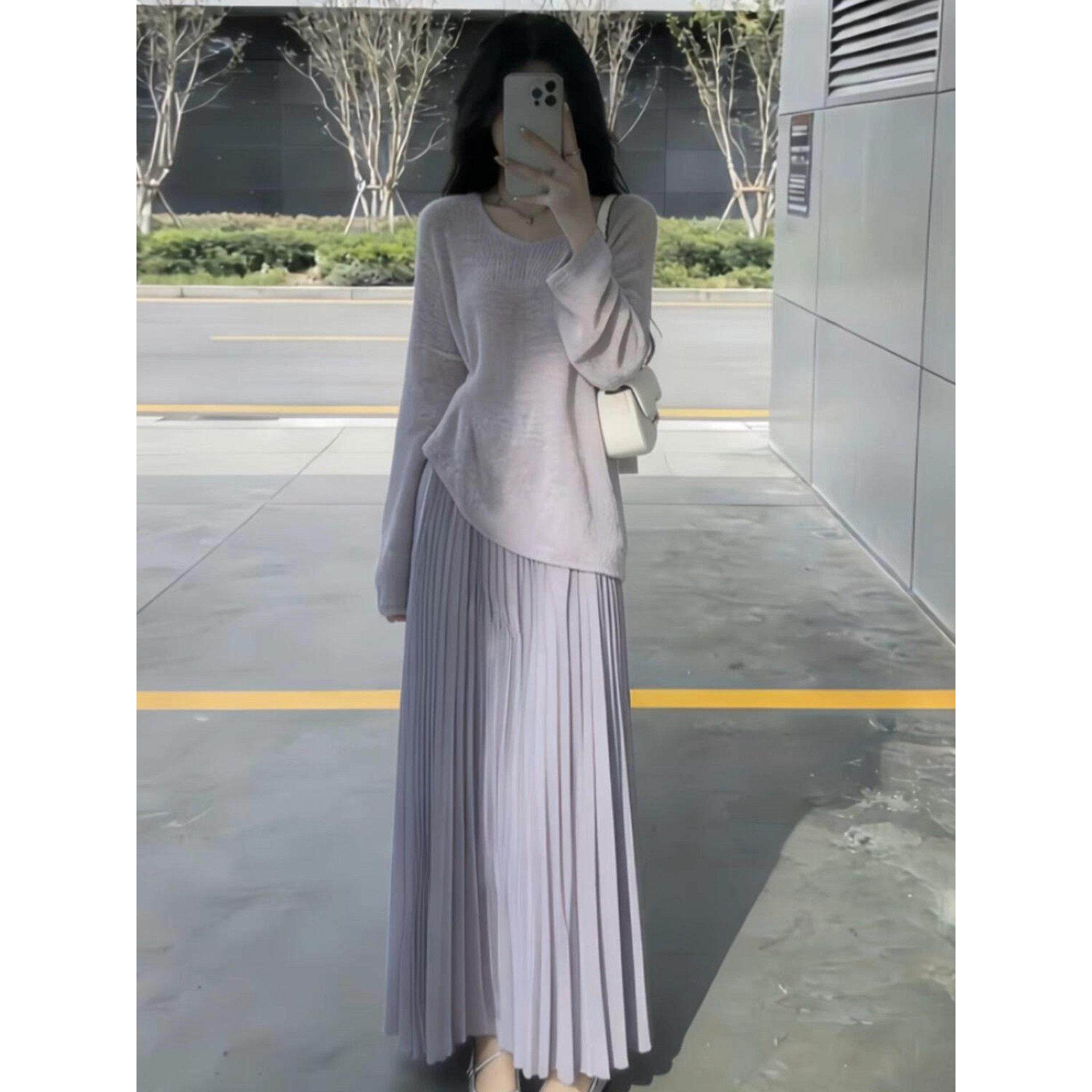 RIXO COSY 春季高级感紫色连衣裙女装小个子韩系穿搭一整套装长裙