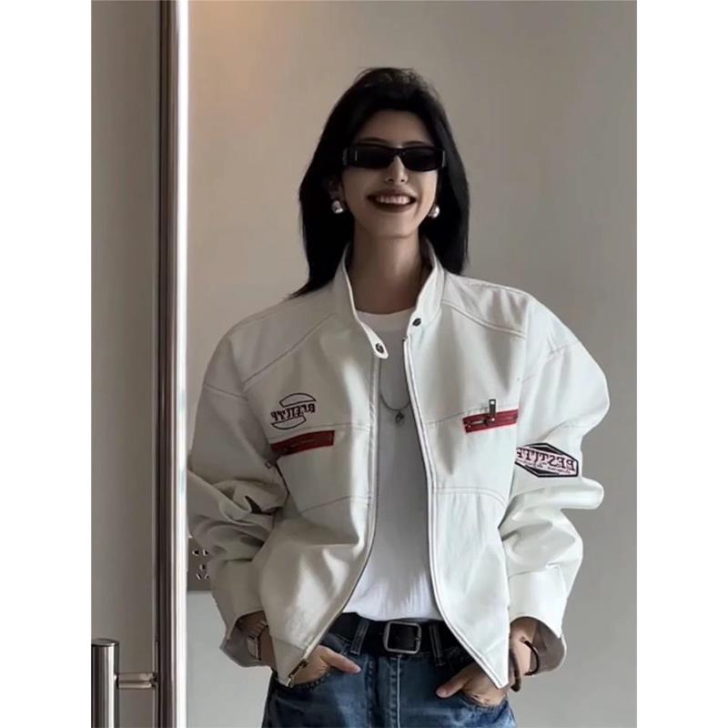 白色PU皮衣机车服外套女春秋欧货新款拼接刺绣宽松百搭短款夹克潮