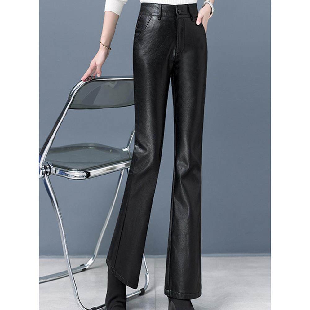 绵羊皮皮裤女阔腿裤2025秋冬新款高腰真皮加绒加厚微喇黑色直筒裤