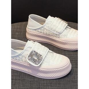 香港休闲百搭透气厚底一脚蹬魔术贴帆布鞋女2025新款踩跟半拖