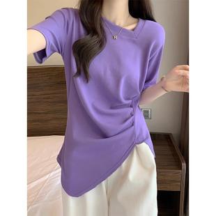 紫色短袖 修身 收腰褶皺大碼 不規則V領獨特漂亮掐腰上衣 T恤女夏薄款