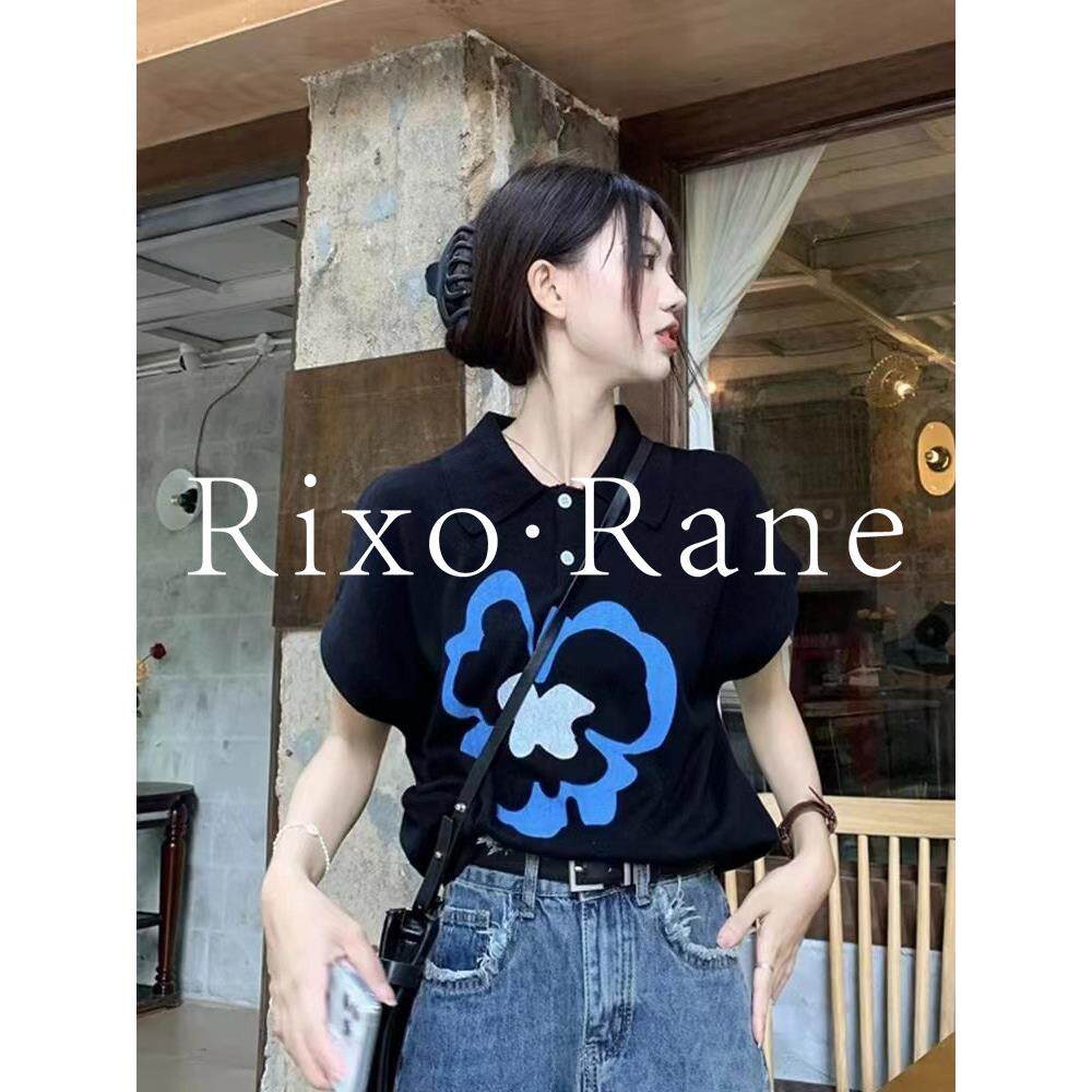 法国Rixo Rane宝藏推荐?polo领短袖花朵t恤女夏薄款冰丝针织上衣