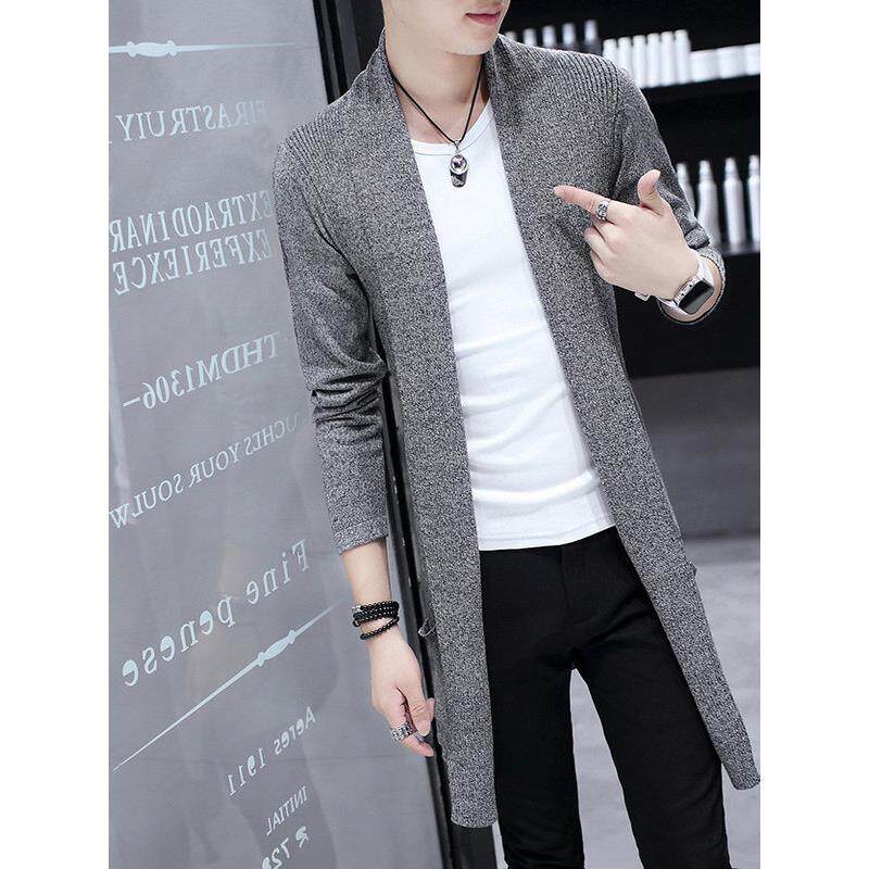 潮牌风衣男中长款春秋青年韩版休闲修身毛衫男士针织开衫外套薄款