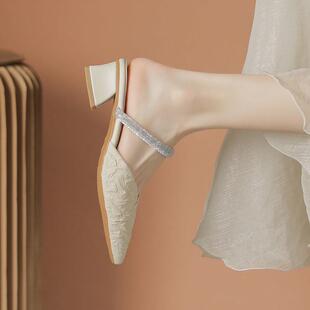 水钻中跟包头凉鞋~2025新款轻便舒适一脚蹬后空半拖粗跟高跟鞋