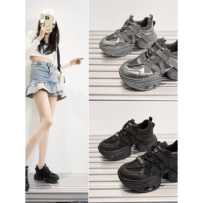 香港真皮厚底老爹鞋女7cm秋银色水钻松糕单鞋百搭增高运动休闲鞋