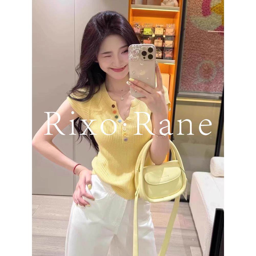 法国Rixo Rane私下隐藏心爱的?彩色纽扣右肩短袖t恤女士修身短v领,女装/女士精品,大码内搭,淘宝优惠券,粉丝福利购,淘宝优惠卷