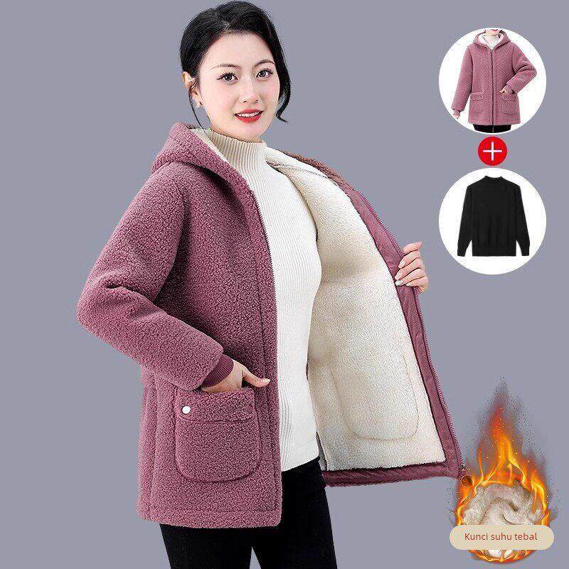 秋冬季羊羔绒外套女中老年人奶奶加绒加厚颗粒绒外套妈妈保暖棉服