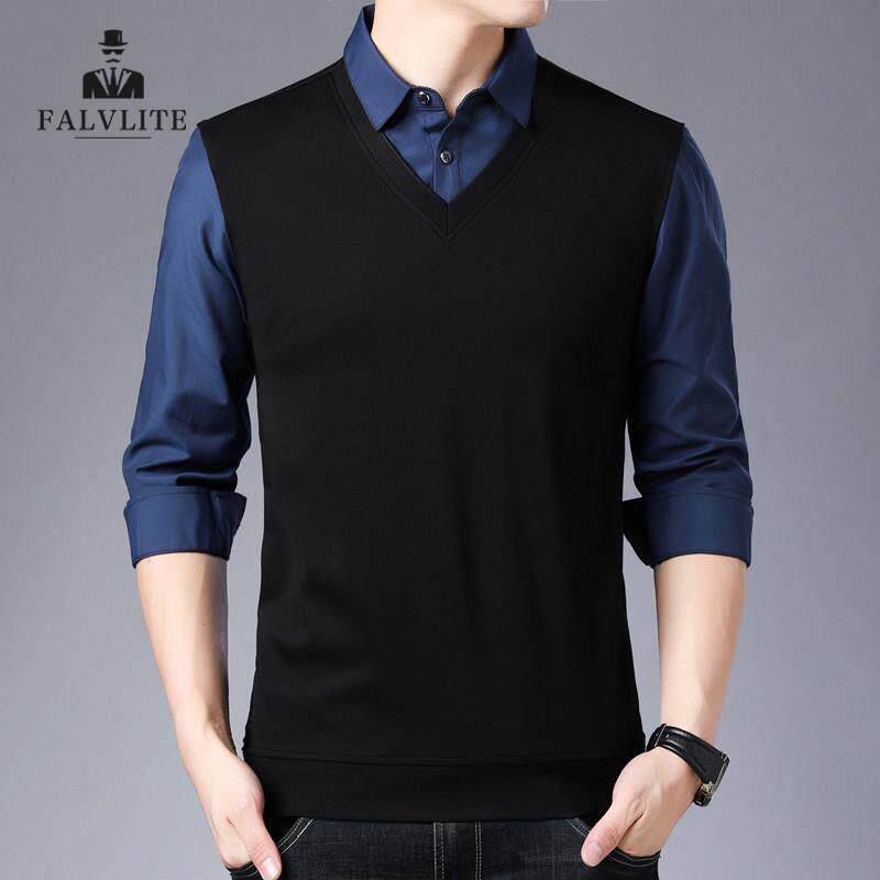 FALVLITE春秋薄款长袖t恤男衬衫领假两件针织休闲纯色打底衫男装