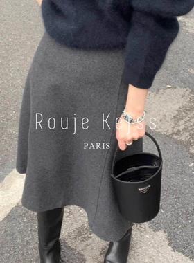Rouje kefss法式灰色毛呢垂感半身裙女秋冬高腰a字裙中长款伞裙子