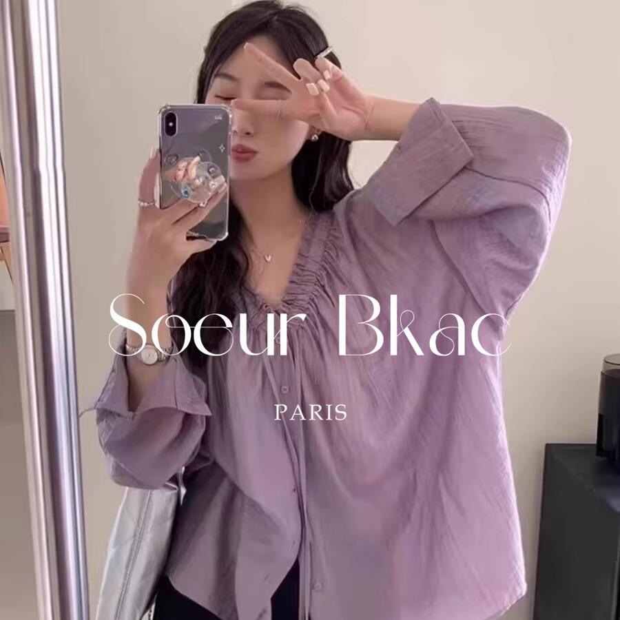 法国SOEUR BKAC褶皱木耳边v领系带蝴蝶结衬衫女春慵懒感法式衬衣