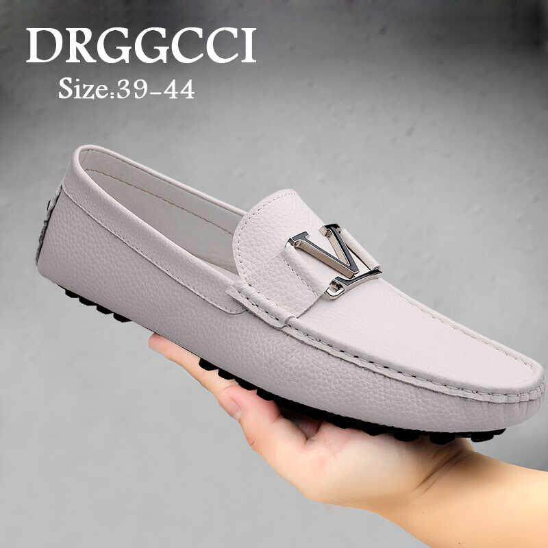 DRGGCCI豆豆鞋男2026新款春秋真皮小白鞋真皮休闲皮鞋透气一脚蹬