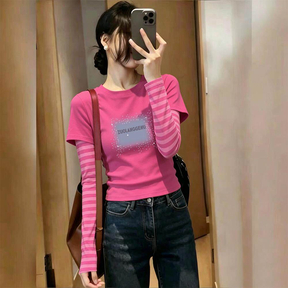 纯棉假两件拼接条纹T恤女春秋新款设计感宽松显瘦百搭上衣女体恤