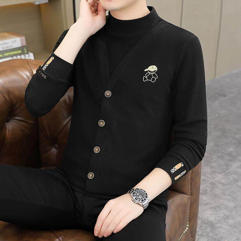 假两件卫衣男秋季新款潮流刺绣修身打底衫男士半高领纯棉长袖t恤