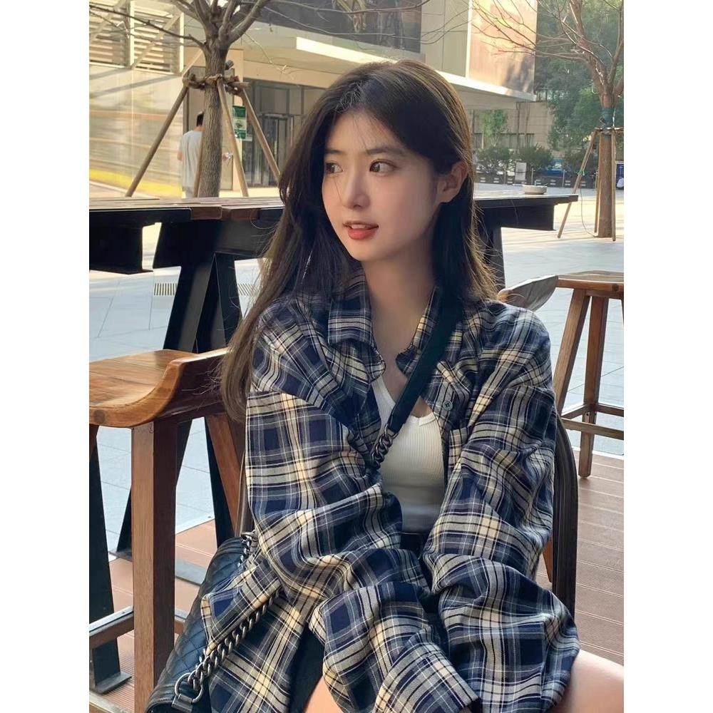藏青色格子衬衫女款春秋慵懒风全棉覆古宽松衬衫磨毛外套长袖上衣
