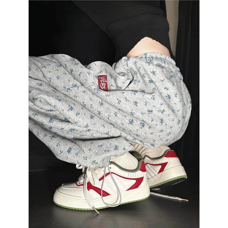 灰色碎花高腰运动裤女宽松2026新款春秋加绒休闲阔腿裤小个子卫裤