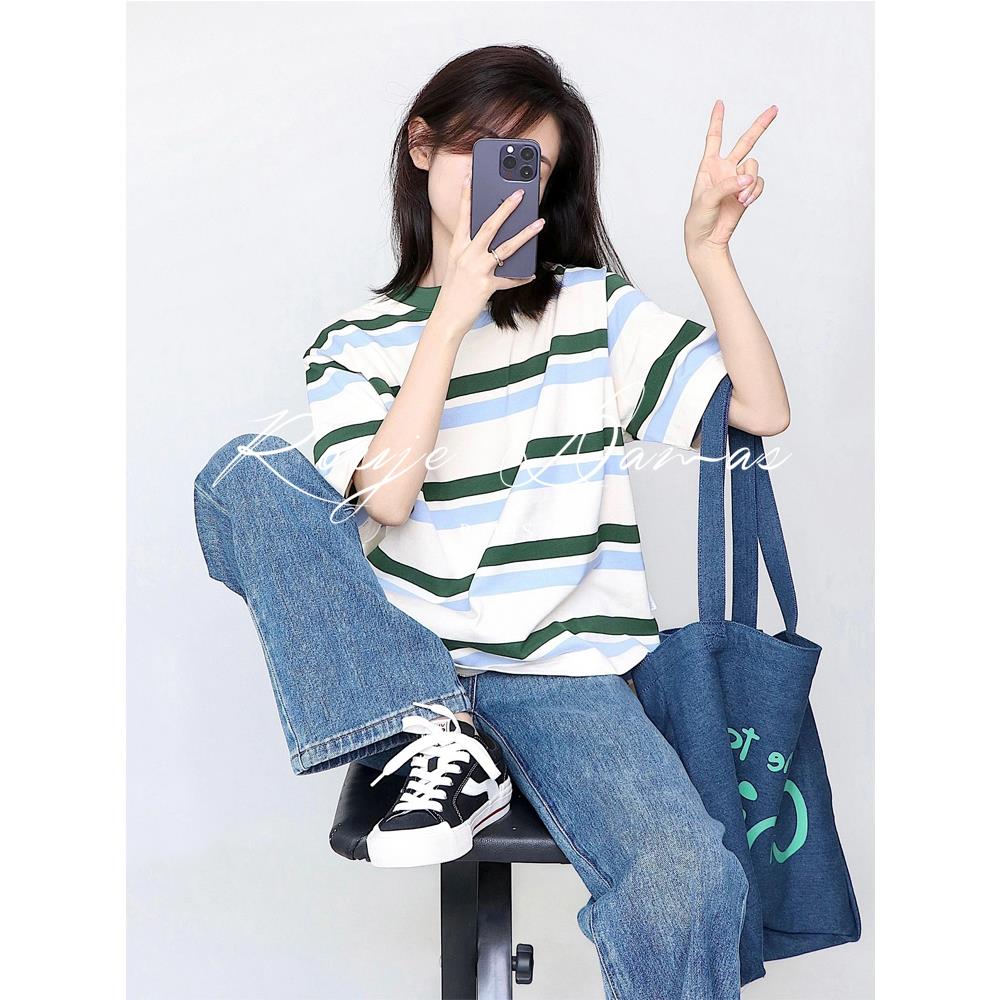 Rouje Damas美国右肩条纹短袖t恤女子多巴胺穿2024新宽松上衣