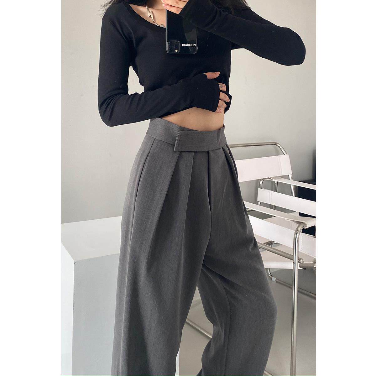 灰色阔腿裤子女春秋小个子高腰垂感休闲拖地魔术贴西装裤直筒长裤