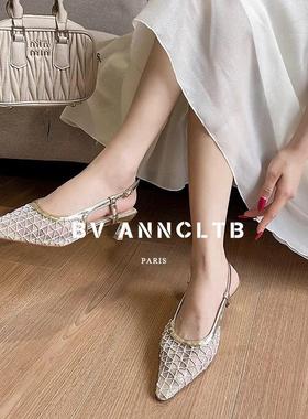 BV ANNCLTB新款法式仙女风单鞋镂空网纱包头凉鞋女后空细跟高跟鞋