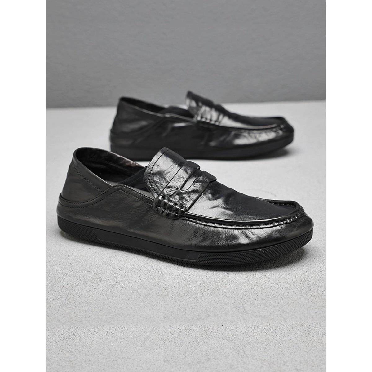 香港潮牌休闲豆豆鞋男2025春季新款一脚蹬乐福鞋真皮软底商务皮鞋