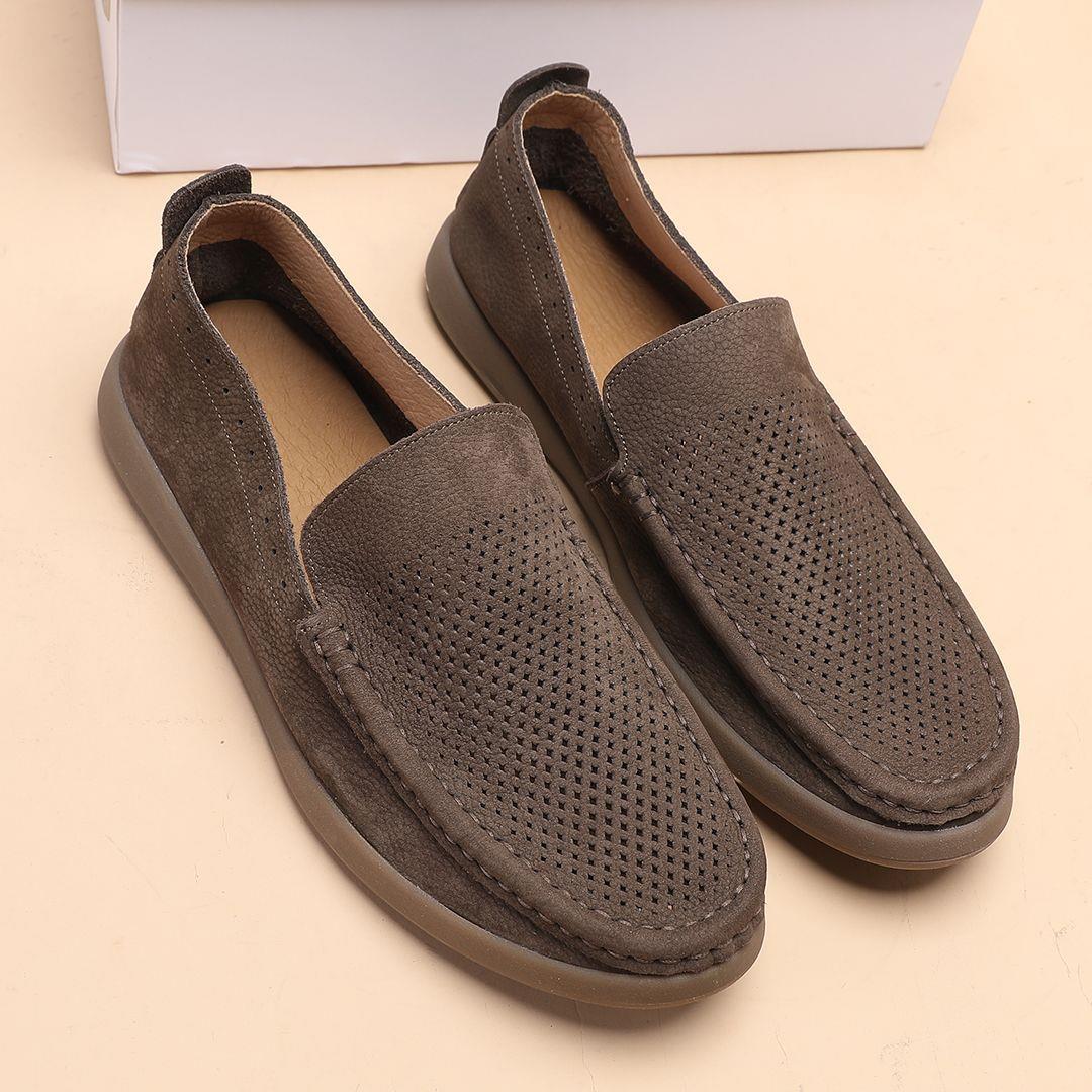 IT ins头层牛皮休闲皮鞋男士秋季镂空透气覆古磨砂软面软底套脚鞋