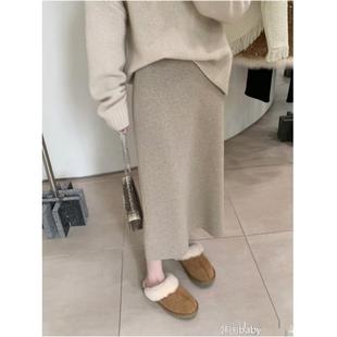 韩国NextMary燕麦色羊毛针织半身裙秋冬女小个子直筒长裙毛衣半裙