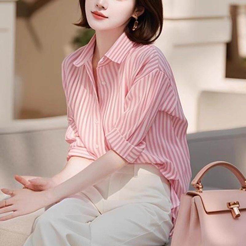 欧洲站粉色条纹翻领衬衫女高级感轻奢减龄洋气2025春秋冬雪纺衫潮