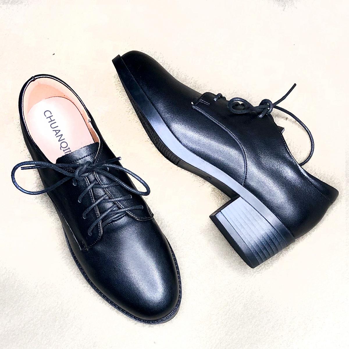 香港英伦软底小皮鞋女2025新软皮中跟工作鞋粗跟黑色真皮系带女鞋