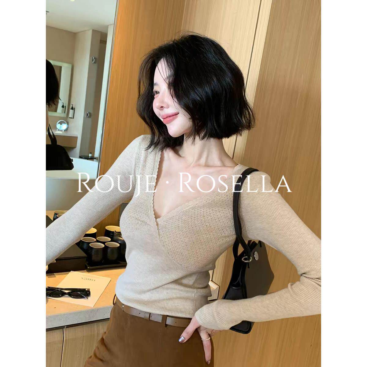 法国Rouje Rosella法式气质交叉V领针织打底衫女修身显瘦小上衣