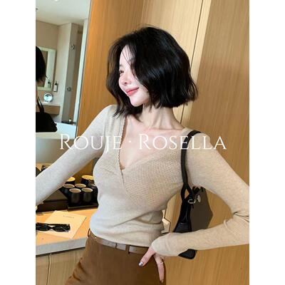 法国Rouje Rosella法式气质交叉V领针织打底衫女修身显瘦小上衣